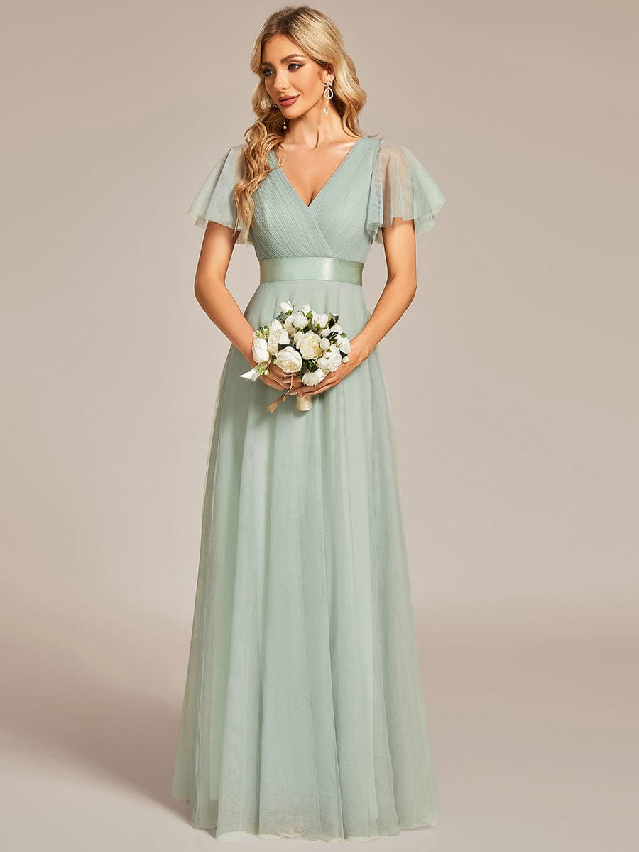 MsDresslyEP Formal Dress Double V-Neck Floor-Length Short Sleeve Tulle Bridesmaid Dresses DRE230972425MGT4
