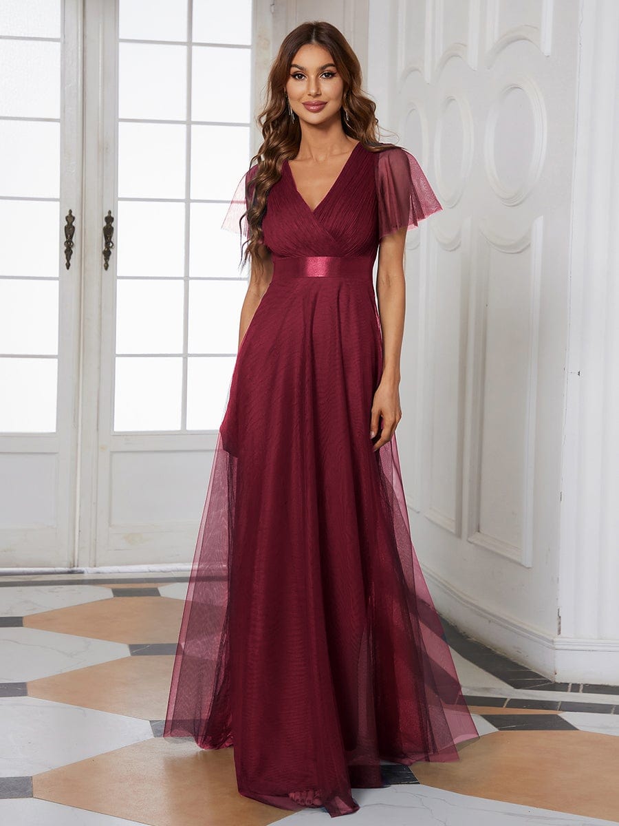 MsDresslyEP Formal Dress Double V-Neck Floor-Length Short Sleeve Tulle Bridesmaid Dresses DRE230972437BDG4