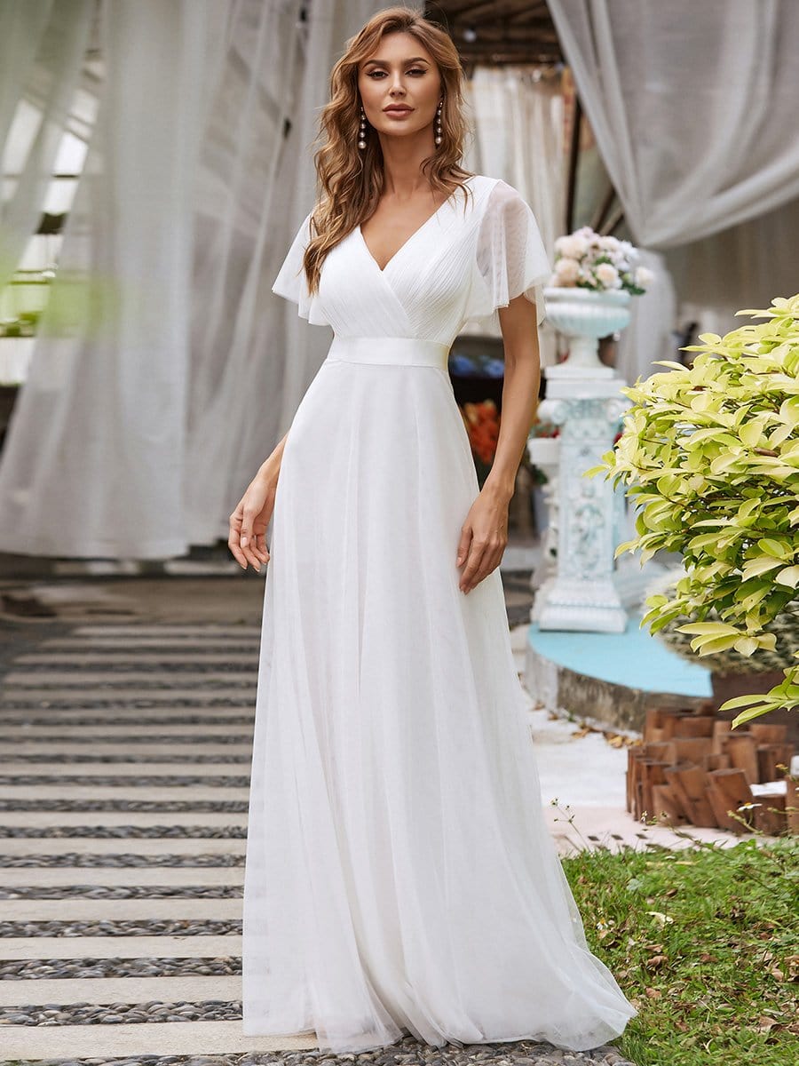 MsDresslyEP Formal Dress Double V-Neck Floor-Length Short Sleeve Tulle Bridesmaid Dresses DRE230972449WHT4