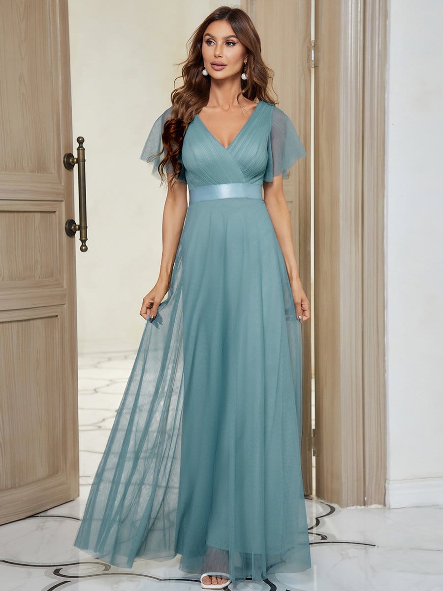 MsDresslyEP Formal Dress Double V-Neck Floor-Length Short Sleeve Tulle Bridesmaid Dresses DRE230972473DBU4