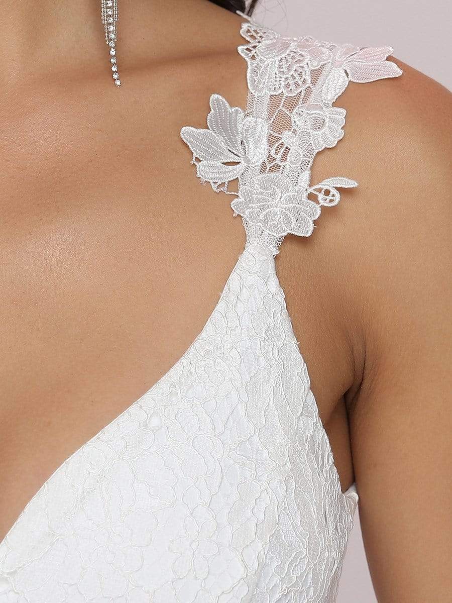 MsDresslyEP Formal Dress Double V Neck Lace Bodice Open Back Tulle Wedding Dress