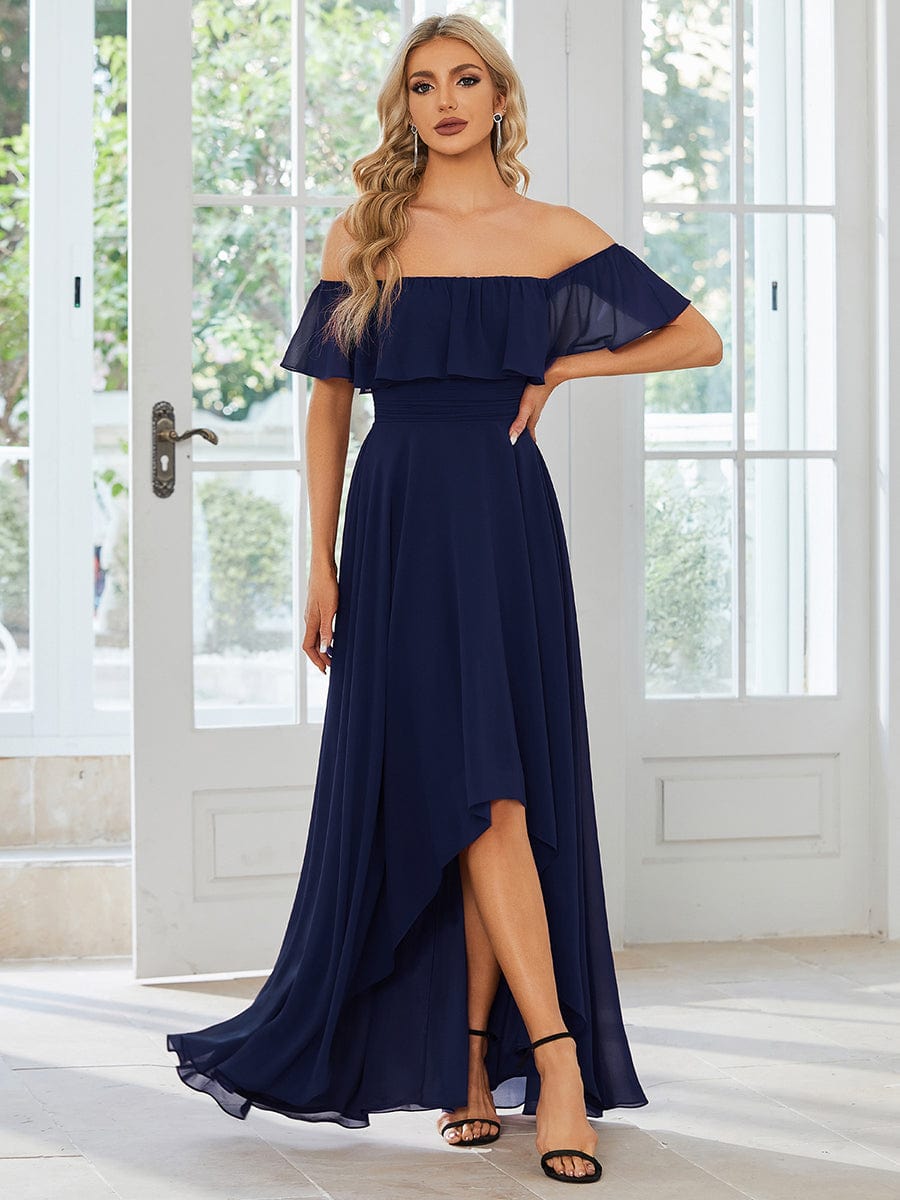 MsDresslyEP Formal Dress Elegant Chiffon High-Low Off The Shoulder Bridesmaid Dress DRE2310040004NAV4