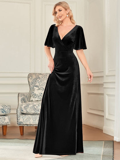 MsDresslyEP Formal Dress Elegant Double V Neck Velvet Party Dress with Sleeves DRE230975025BLK4