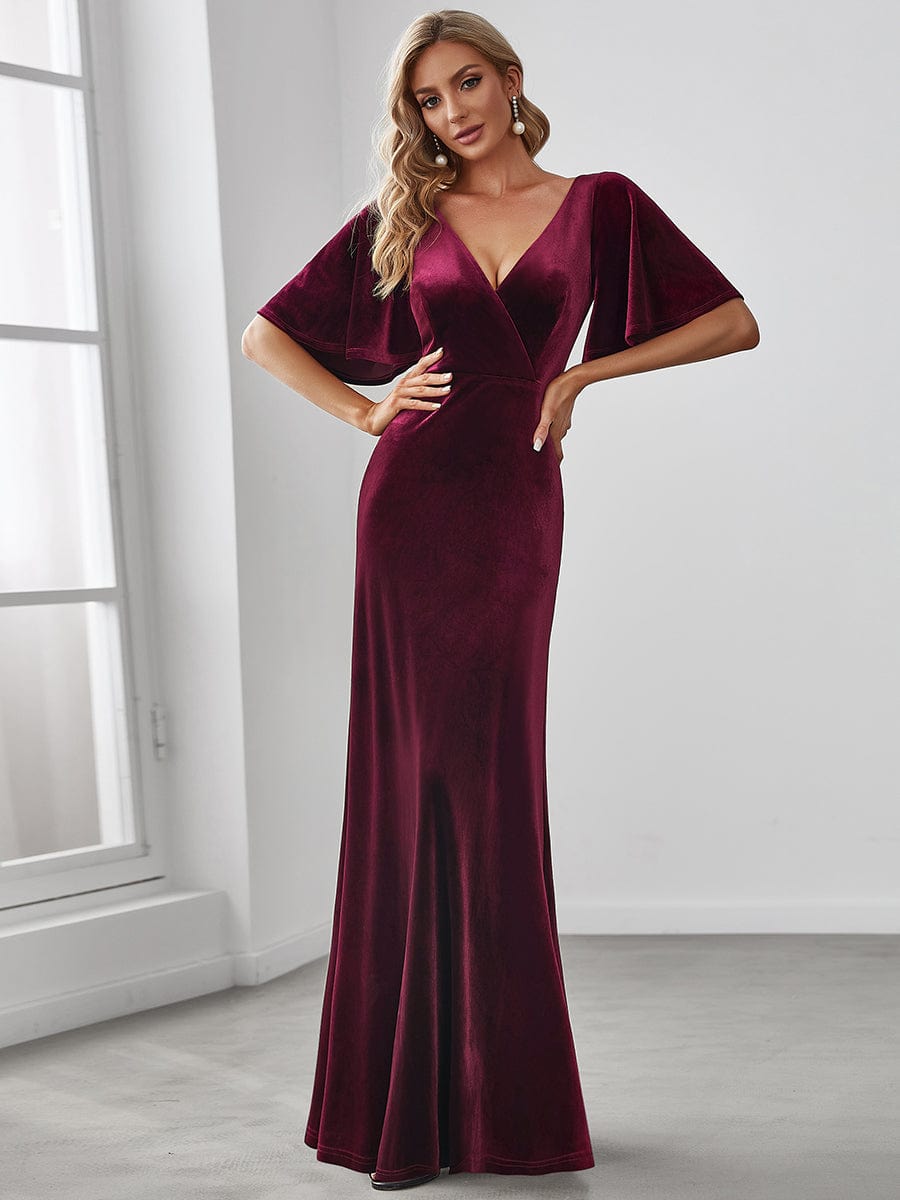 MsDresslyEP Formal Dress Elegant Double V Neck Velvet Party Dress with Sleeves DRE230975049BDG4