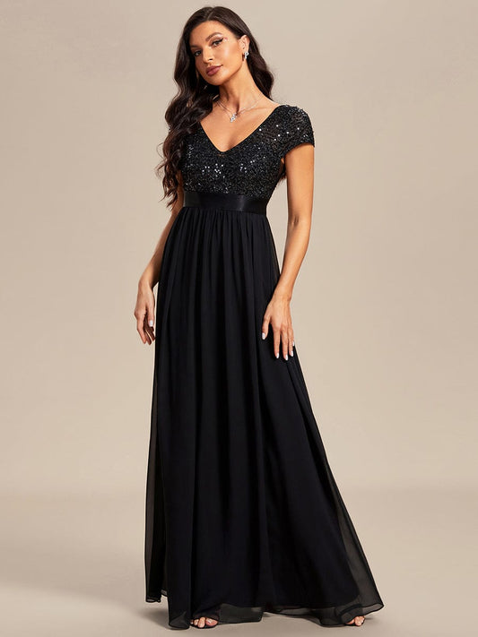 MsDresslyEP Formal Dress Empire Waist V-Neck Cap Sleeve Chiffon Evening Dress DRE2310040012BLA4