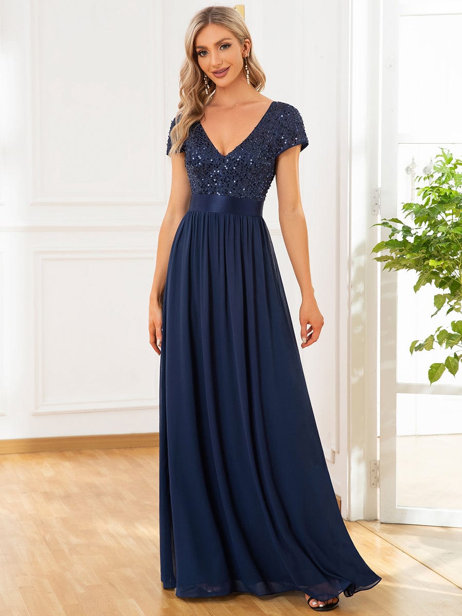 MsDresslyEP Formal Dress Empire Waist V-Neck Cap Sleeve Chiffon Evening Dress DRE2310040012NAV4