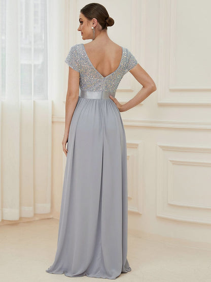 MsDresslyEP Formal Dress Empire Waist V-Neck Cap Sleeve Chiffon Evening Dress