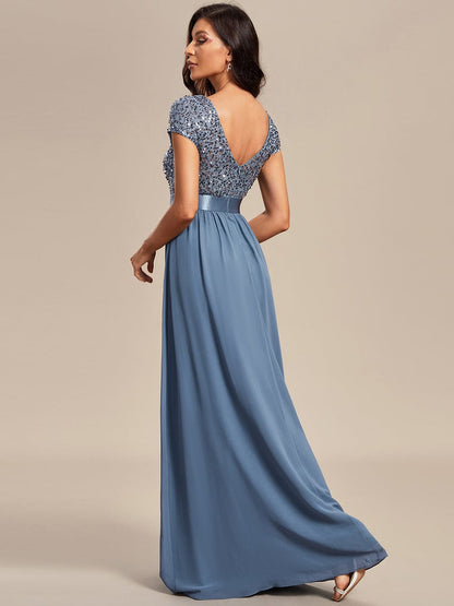MsDresslyEP Formal Dress Empire Waist V-Neck Cap Sleeve Chiffon Evening Dress