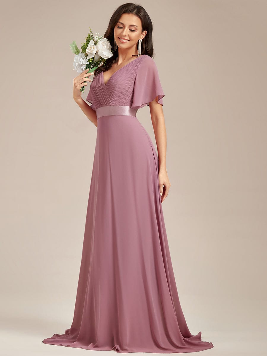 MsDresslyEP Formal Dress Long Empire Waist Bridesmaid Dress with Short Flutter Sleeves