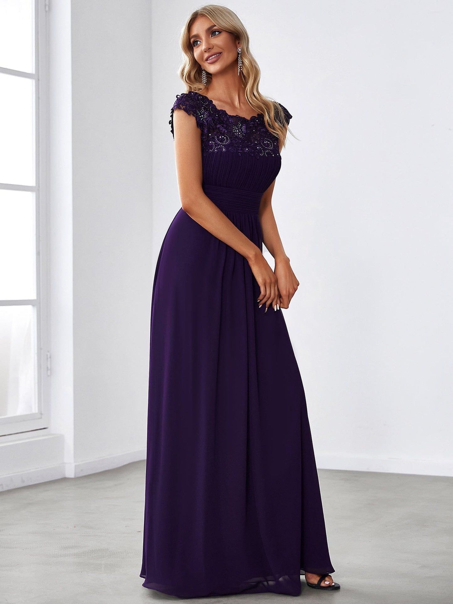 MsDresslyEP Formal Dress Maxi Lace Cap Sleeve Long Formal Evening Dress