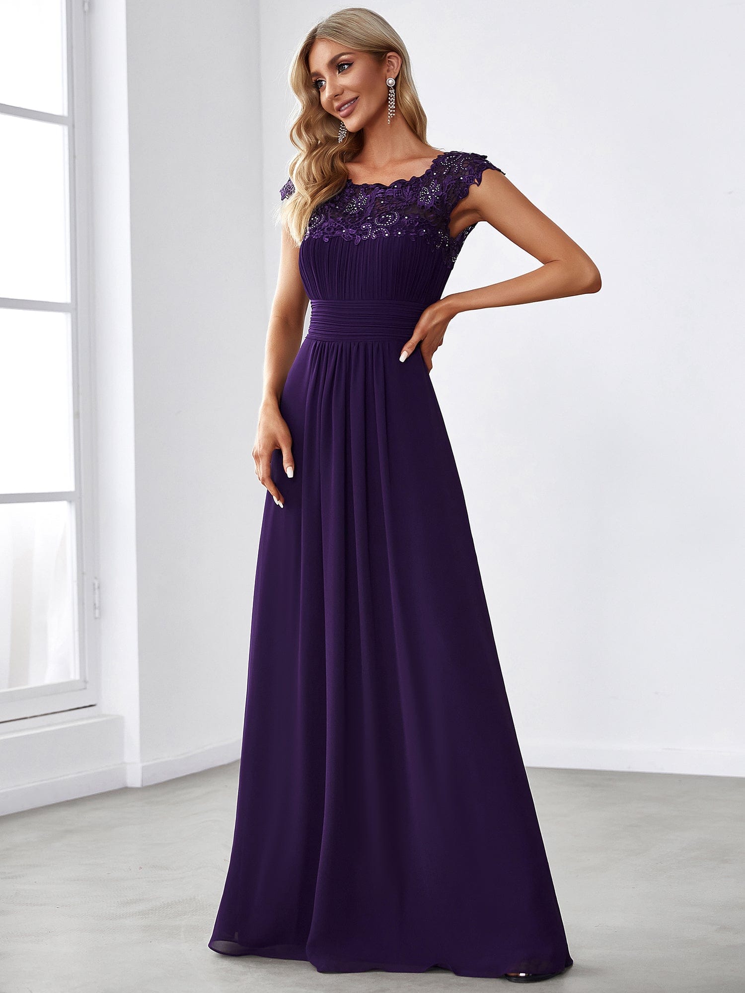 MsDresslyEP Formal Dress Maxi Lace Cap Sleeve Long Formal Evening Dress