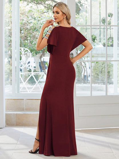 MsDresslyEP Formal Dress Pleated High Slit Hollow Out Sequin Sleeve V-Neck Evening Dress