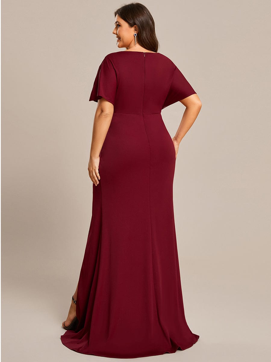 MsDresslyEP Formal Dress Pleated High Slit Hollow Out Sequin Sleeve V-Neck Evening Dress