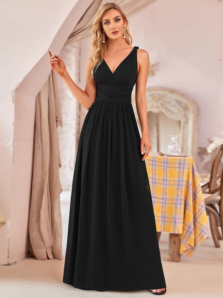 MsDresslyEP Formal Dress Pleated Sleeveless V-Neck Chiffon Maxi Dress