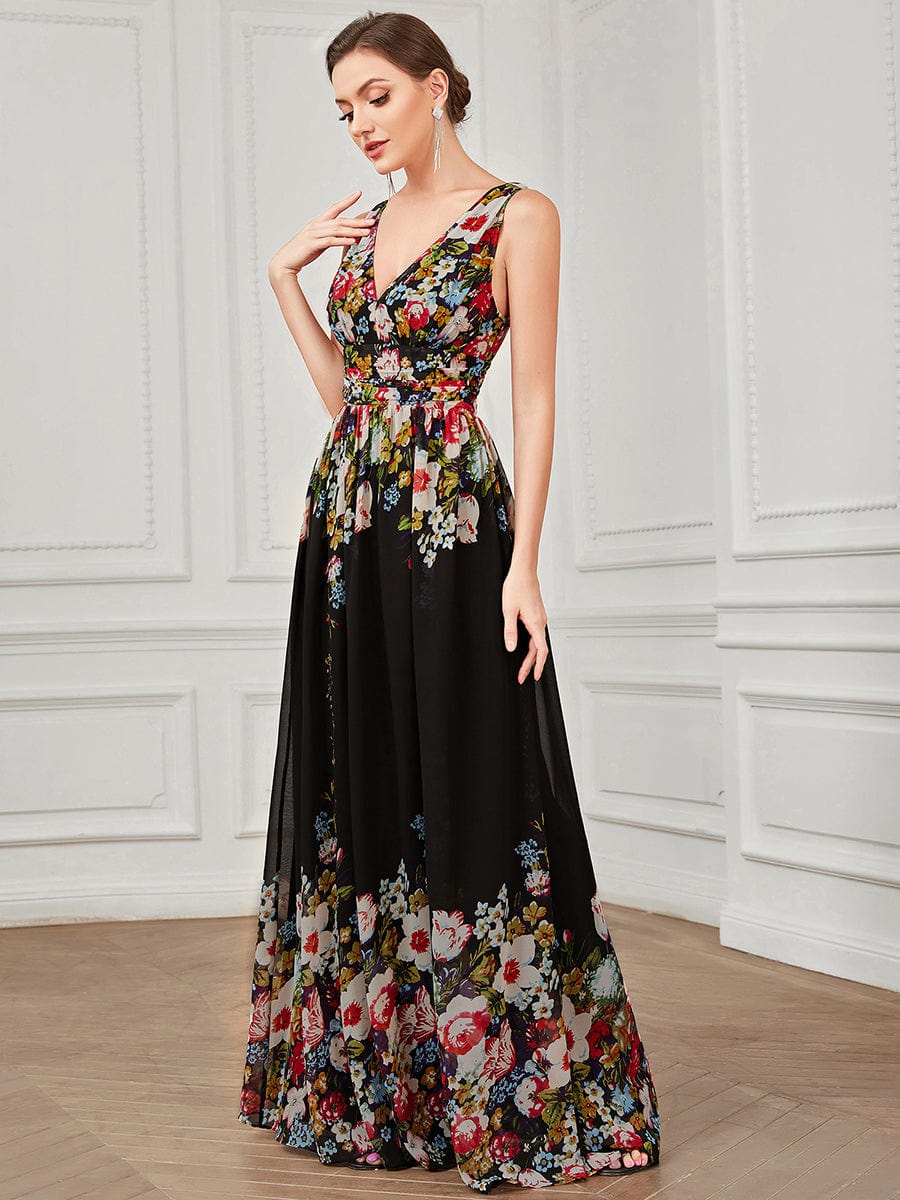 MsDresslyEP Formal Dress Pleated Sleeveless V-Neck Chiffon Maxi Dress