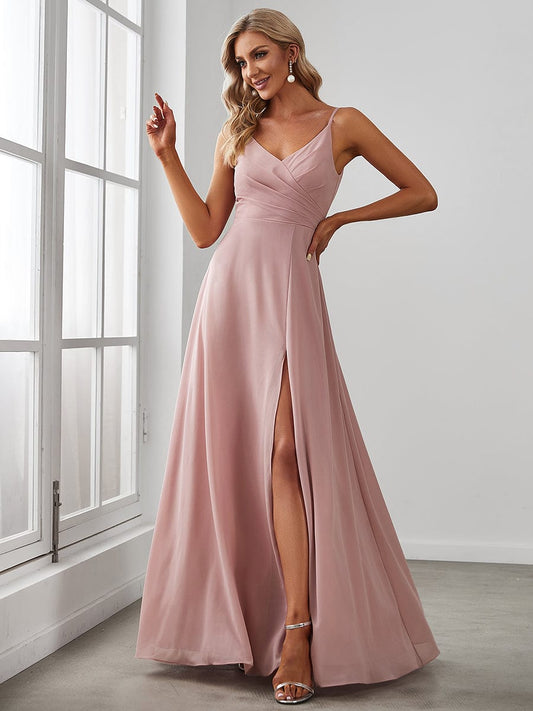 MsDresslyEP Formal Dress Pleated V-Neck Spaghetti Strap High Slit Bridesmaid Dress DRE230912B0804DGVCustom Size