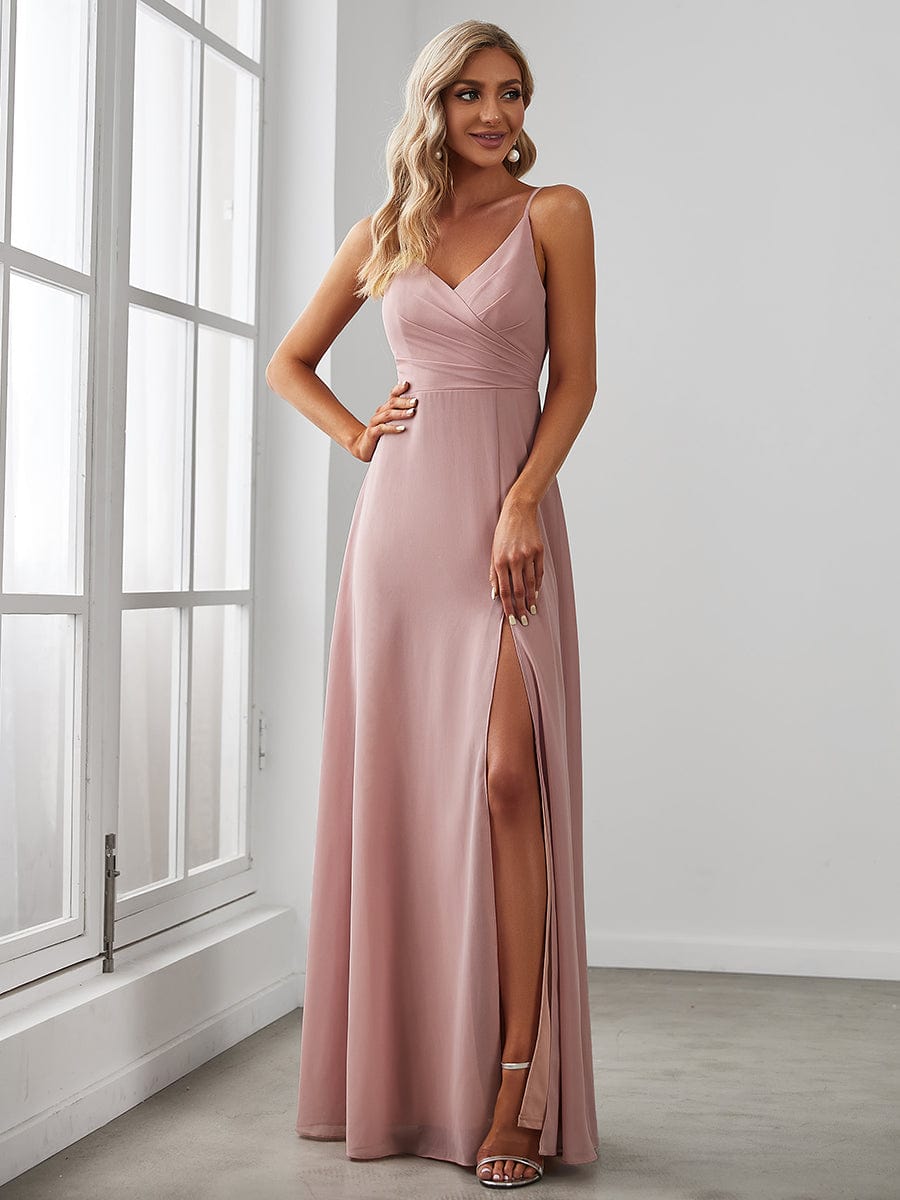 MsDresslyEP Formal Dress Pleated V-Neck Spaghetti Strap High Slit Bridesmaid Dress DRE230912B0804DGVCustom Size