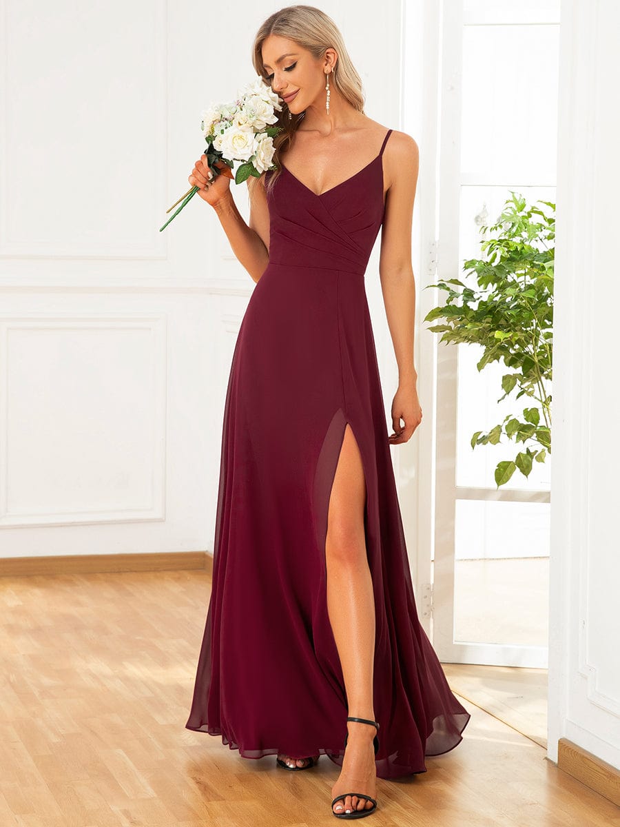 MsDresslyEP Formal Dress Pleated V-Neck Spaghetti Strap High Slit Bridesmaid Dress DRE230912B0804DGVCustom Size