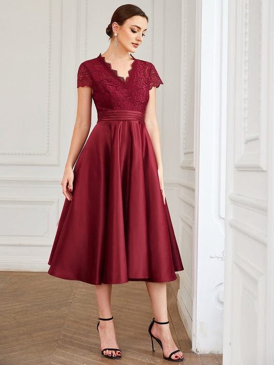 MsDresslyEP Formal Dress Romantic V-neck Lace Bodice Wedding Guest Dress with Pockets DRE230971901BDG4