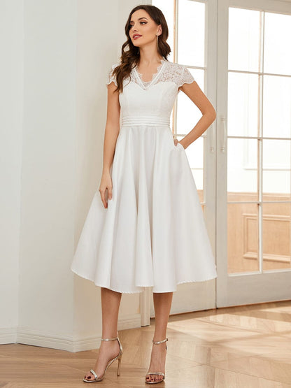 MsDresslyEP Formal Dress Romantic V-neck Lace Bodice Wedding Guest Dress with Pockets DRE230971925WHT4