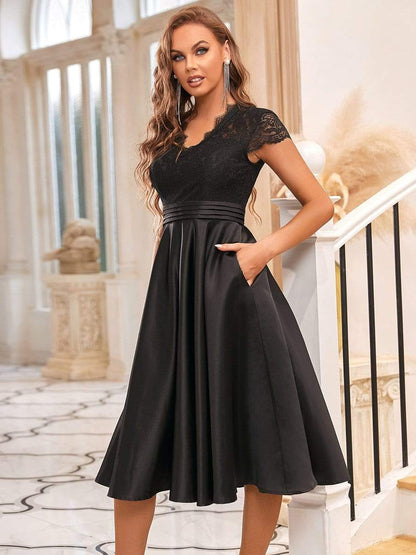 MsDresslyEP Formal Dress Romantic V-neck Lace Bodice Wedding Guest Dress with Pockets DRE230971949BLK4