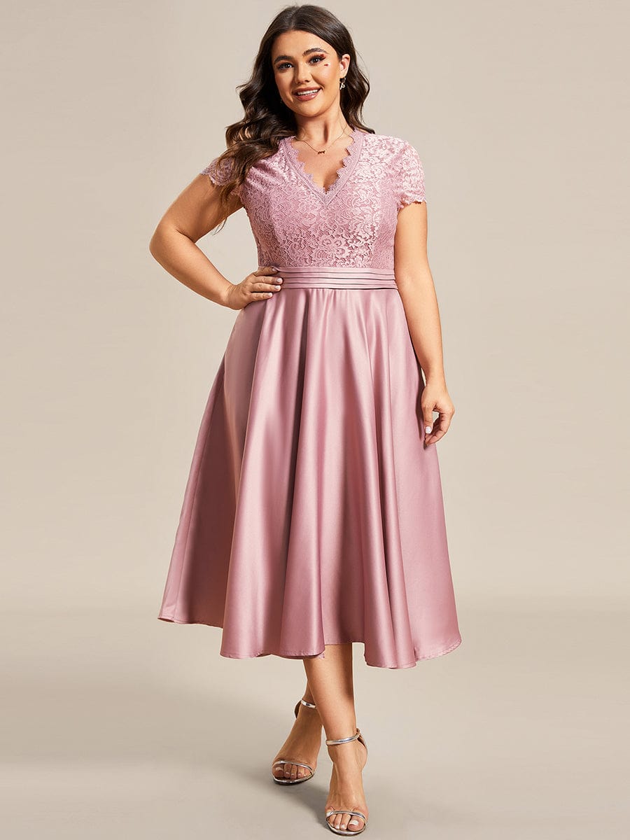 MsDresslyEP Formal Dress Romantic V-neck Lace Bodice Wedding Guest Dress with Pockets DRE230971956POH4