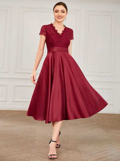 MsDresslyEP Formal Dress Romantic V-neck Lace Bodice Wedding Guest Dress with Pockets