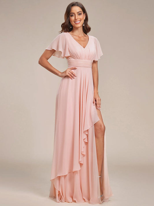 MsDresslyEP Formal Dress Ruffles Sleeve High Slit with Louts Leaf Chiffon Evening Dress DRE230912A6401PNK4