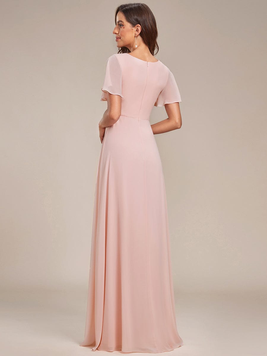 MsDresslyEP Formal Dress Ruffles Sleeve High Slit with Louts Leaf Chiffon Evening Dress