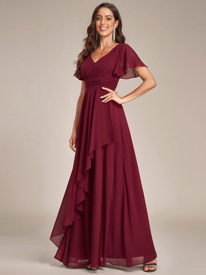 MsDresslyEP Formal Dress Ruffles Sleeve High Slit with Louts Leaf Chiffon Evening Dress