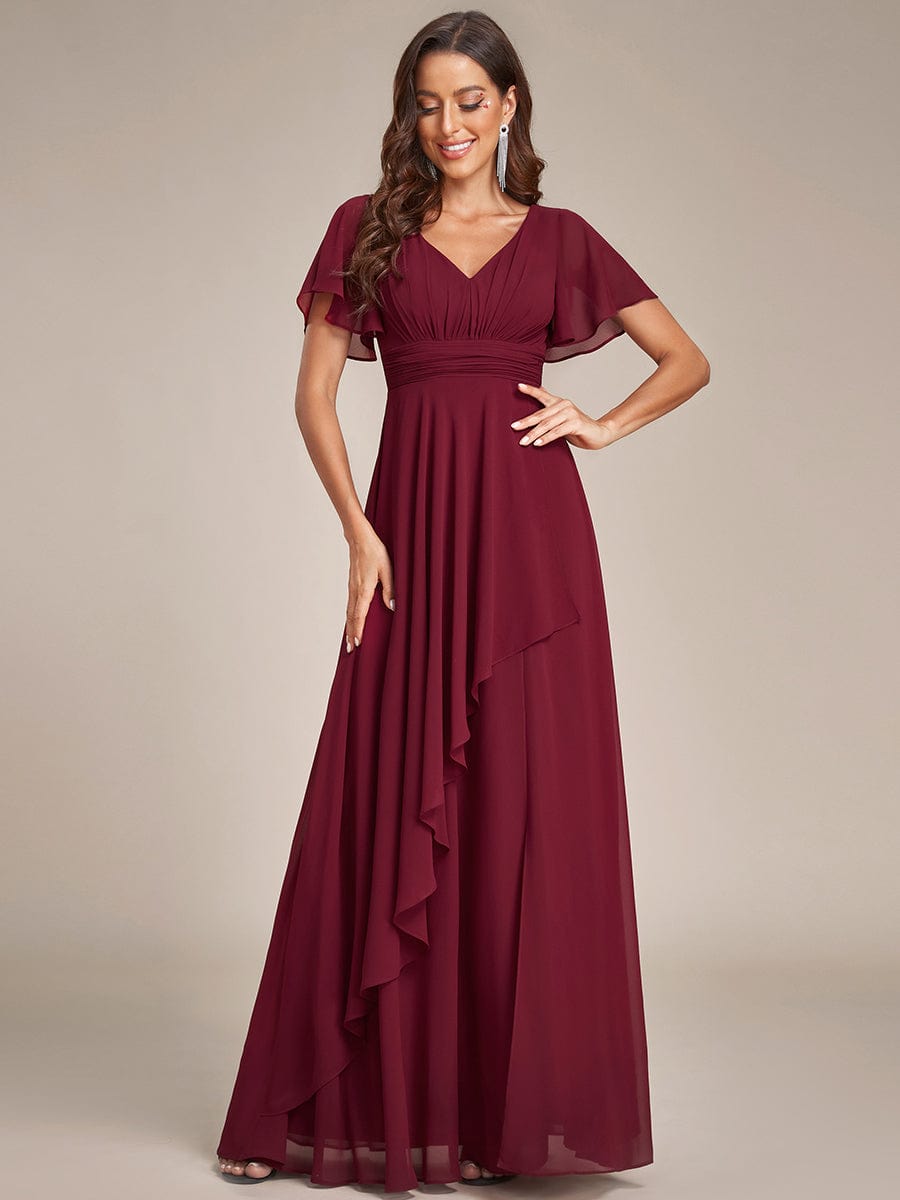 MsDresslyEP Formal Dress Ruffles Sleeve High Slit with Louts Leaf Chiffon Evening Dress