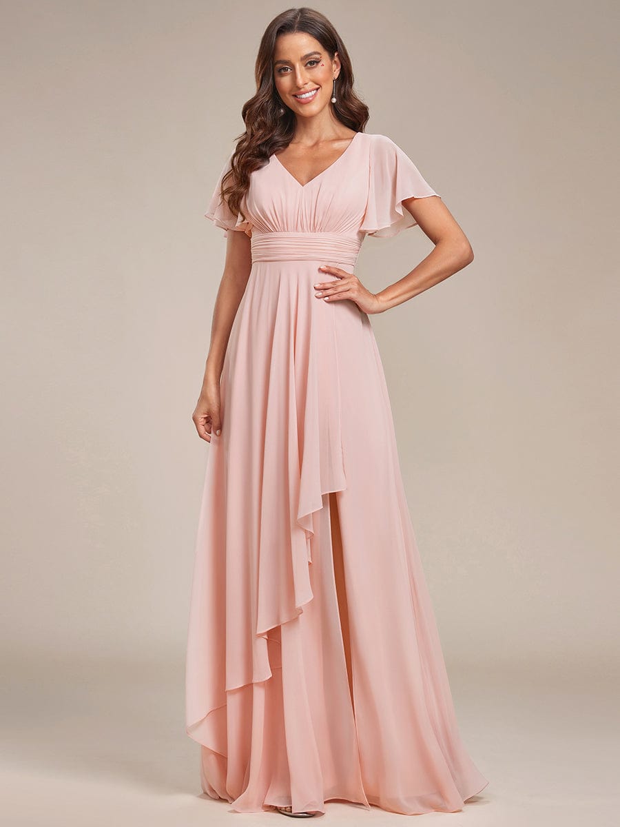 MsDresslyEP Formal Dress Ruffles Sleeve High Slit with Louts Leaf Chiffon Evening Dress