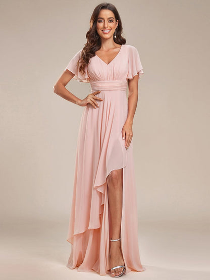 MsDresslyEP Formal Dress Ruffles Sleeve High Slit with Louts Leaf Chiffon Evening Dress