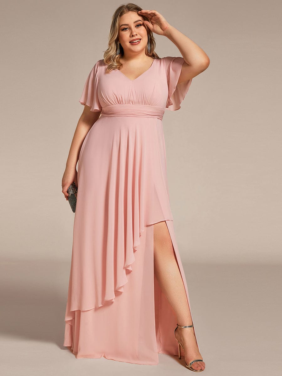 MsDresslyEP Formal Dress Ruffles Sleeve High Slit with Louts Leaf Chiffon Evening Dress