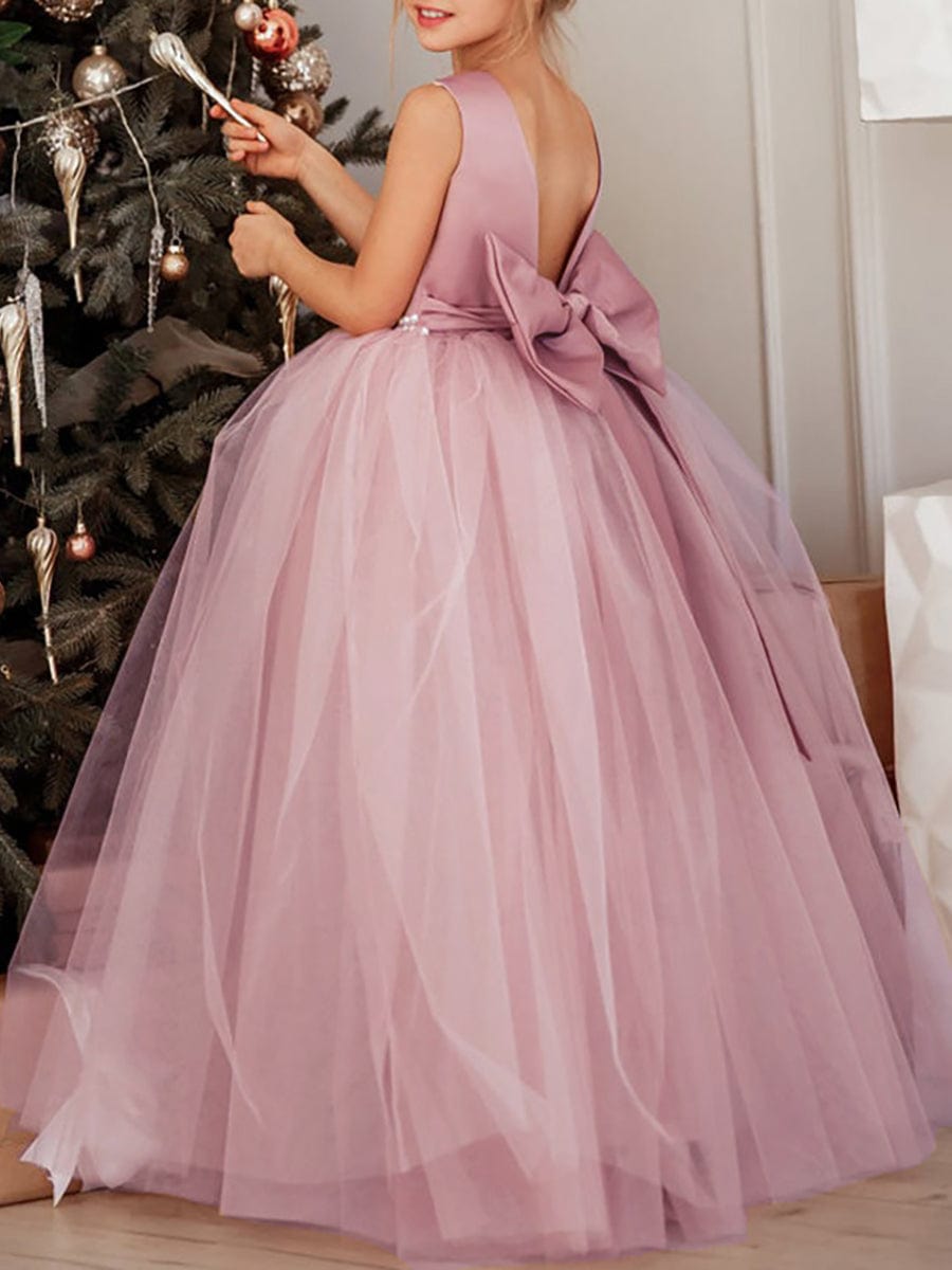 MsDresslyEP Formal Dress Satin Beaded Tulle Princess Flower Girl Dress With Back Bow DRE230912A9301CBN100