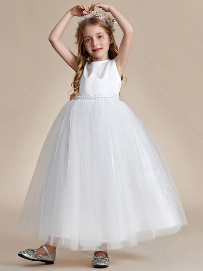 MsDresslyEP Formal Dress Satin Beaded Tulle Princess Flower Girl Dress With Back Bow DRE230912A9308WHT100