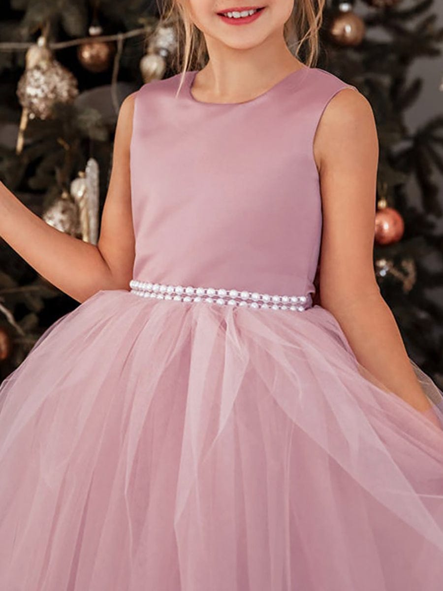 MsDresslyEP Formal Dress Satin Beaded Tulle Princess Flower Girl Dress With Back Bow