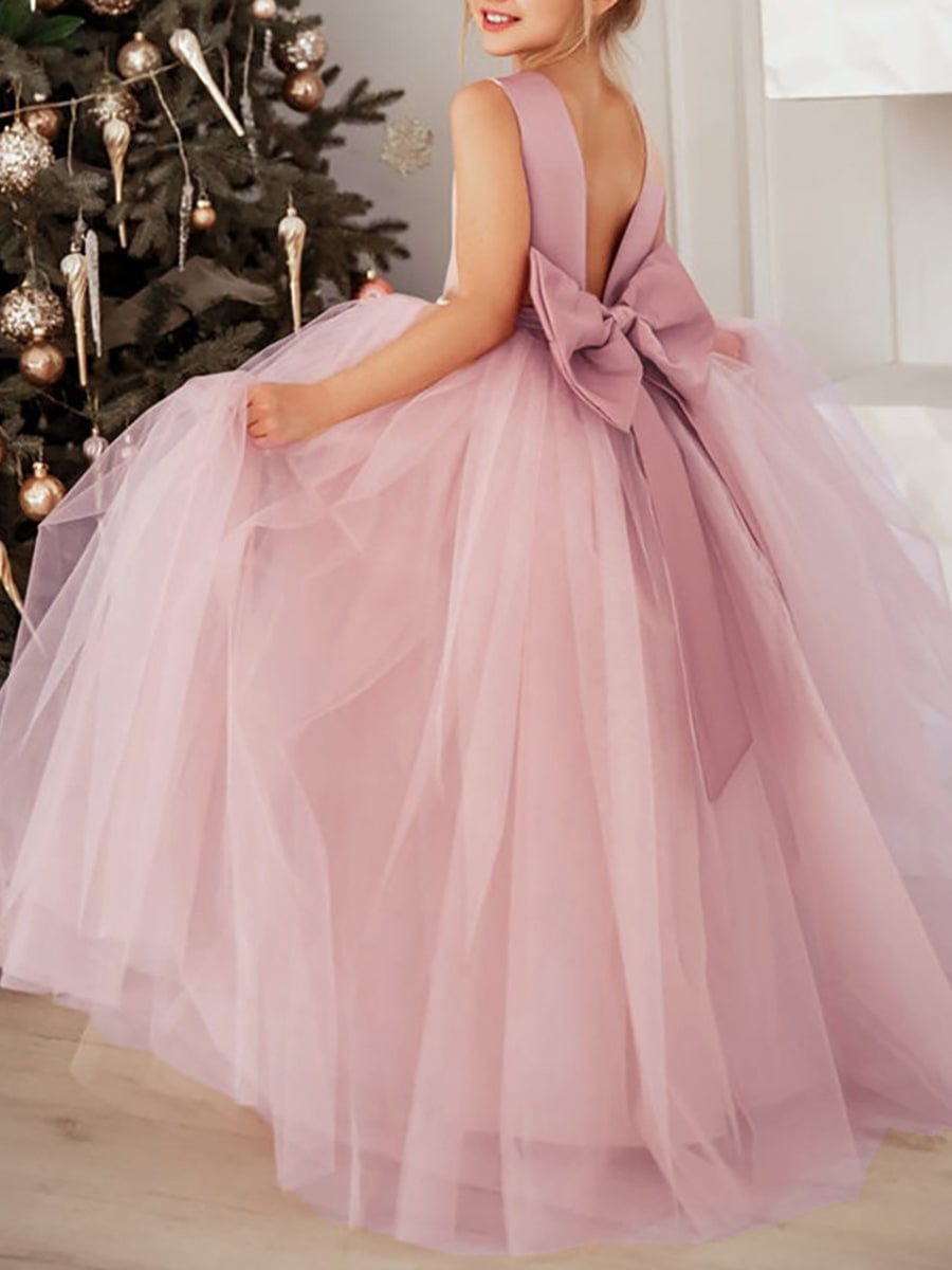 MsDresslyEP Formal Dress Satin Beaded Tulle Princess Flower Girl Dress With Back Bow