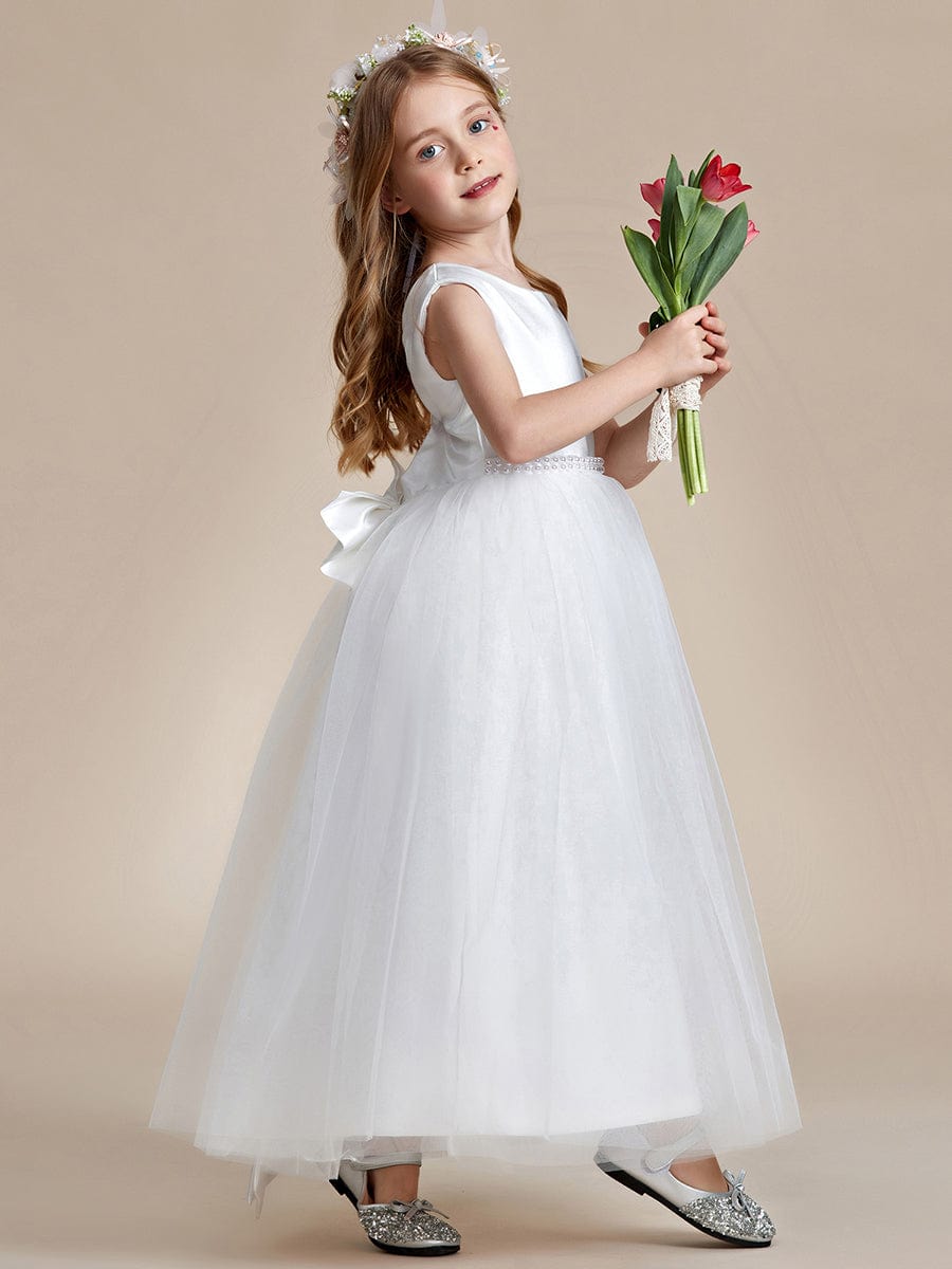 MsDresslyEP Formal Dress Satin Beaded Tulle Princess Flower Girl Dress With Back Bow