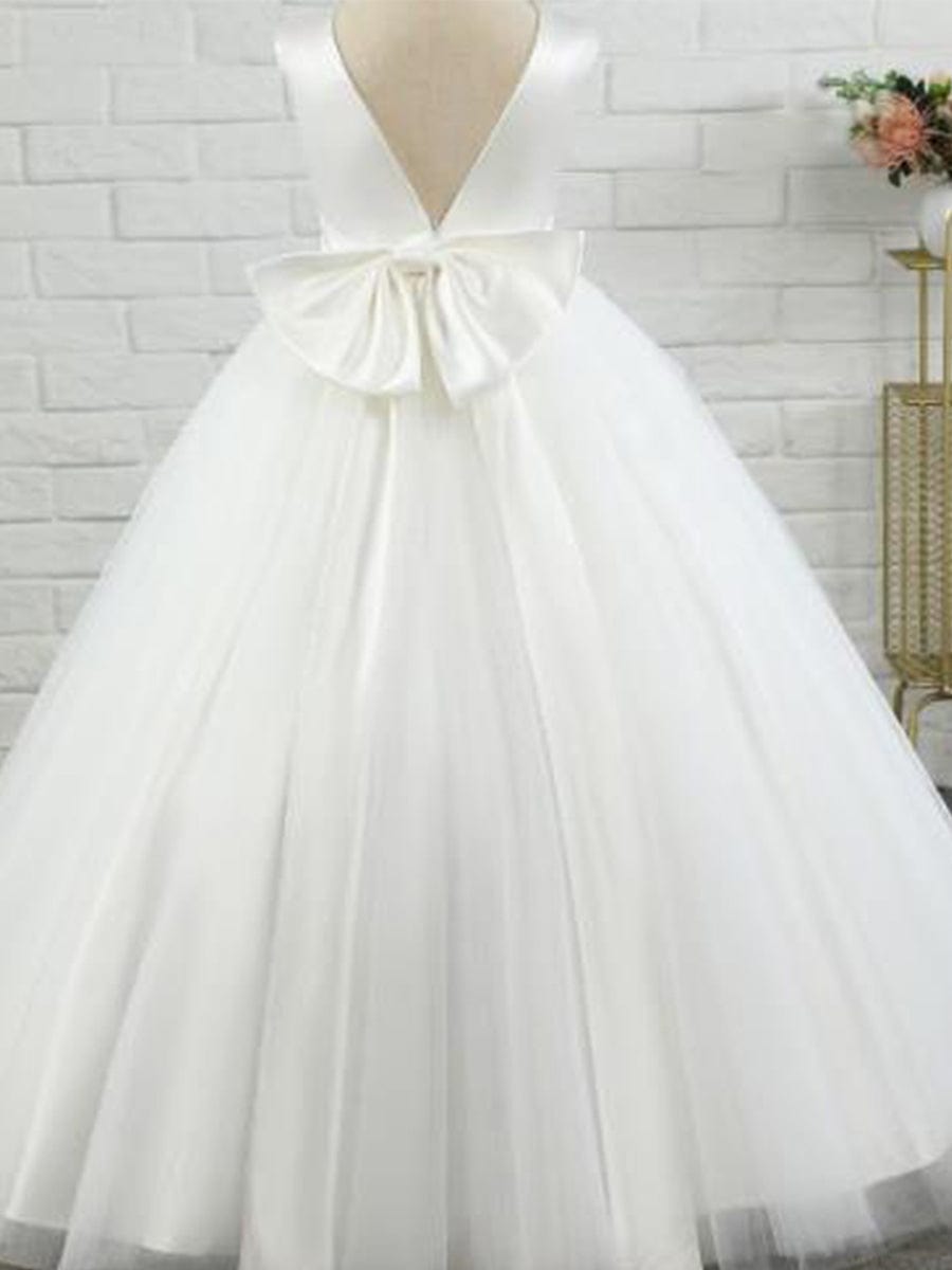 MsDresslyEP Formal Dress Satin Beaded Tulle Princess Flower Girl Dress With Back Bow