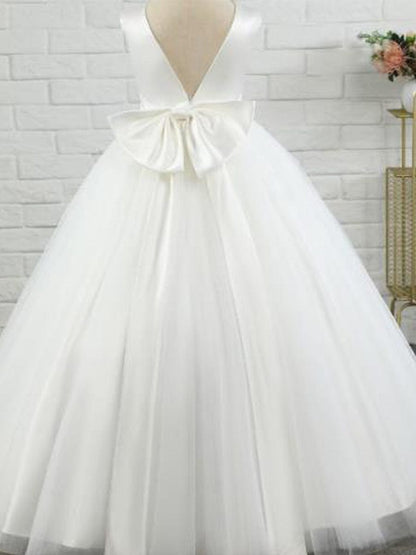 MsDresslyEP Formal Dress Satin Beaded Tulle Princess Flower Girl Dress With Back Bow