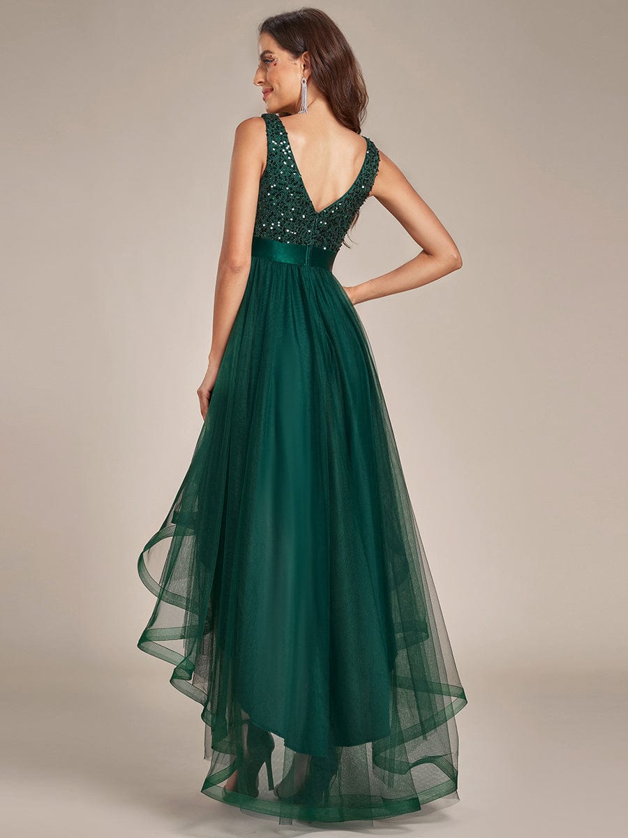 MsDresslyEP Formal Dress Sequin Bodice Tulle High-Low Evening Dress with Ribbon Waist