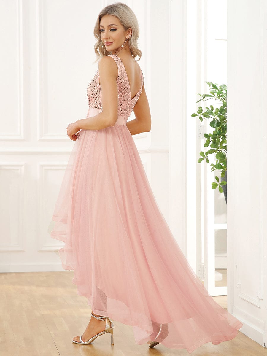 MsDresslyEP Formal Dress Sequin Bodice Tulle High-Low Evening Dress with Ribbon Waist