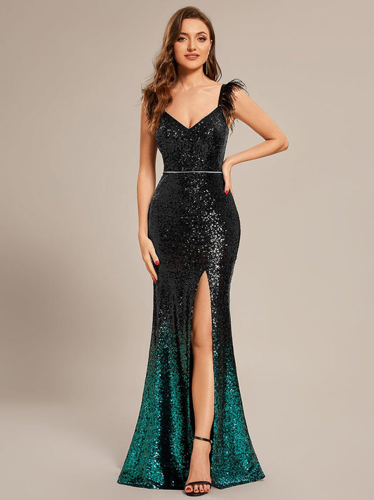 MsDresslyEP Formal Dress Sequin Feather Lace-Up Mermaid Prom Dresses DRE230912B3901BLKCustom Size