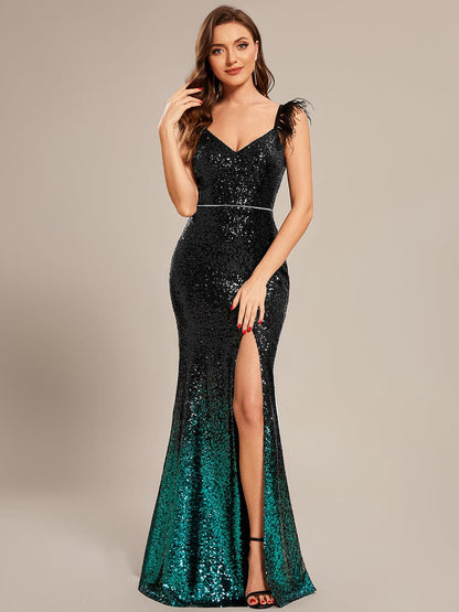 MsDresslyEP Formal Dress Sequin Feather Lace-Up Mermaid Prom Dresses DRE230912B3901BLKCustom Size