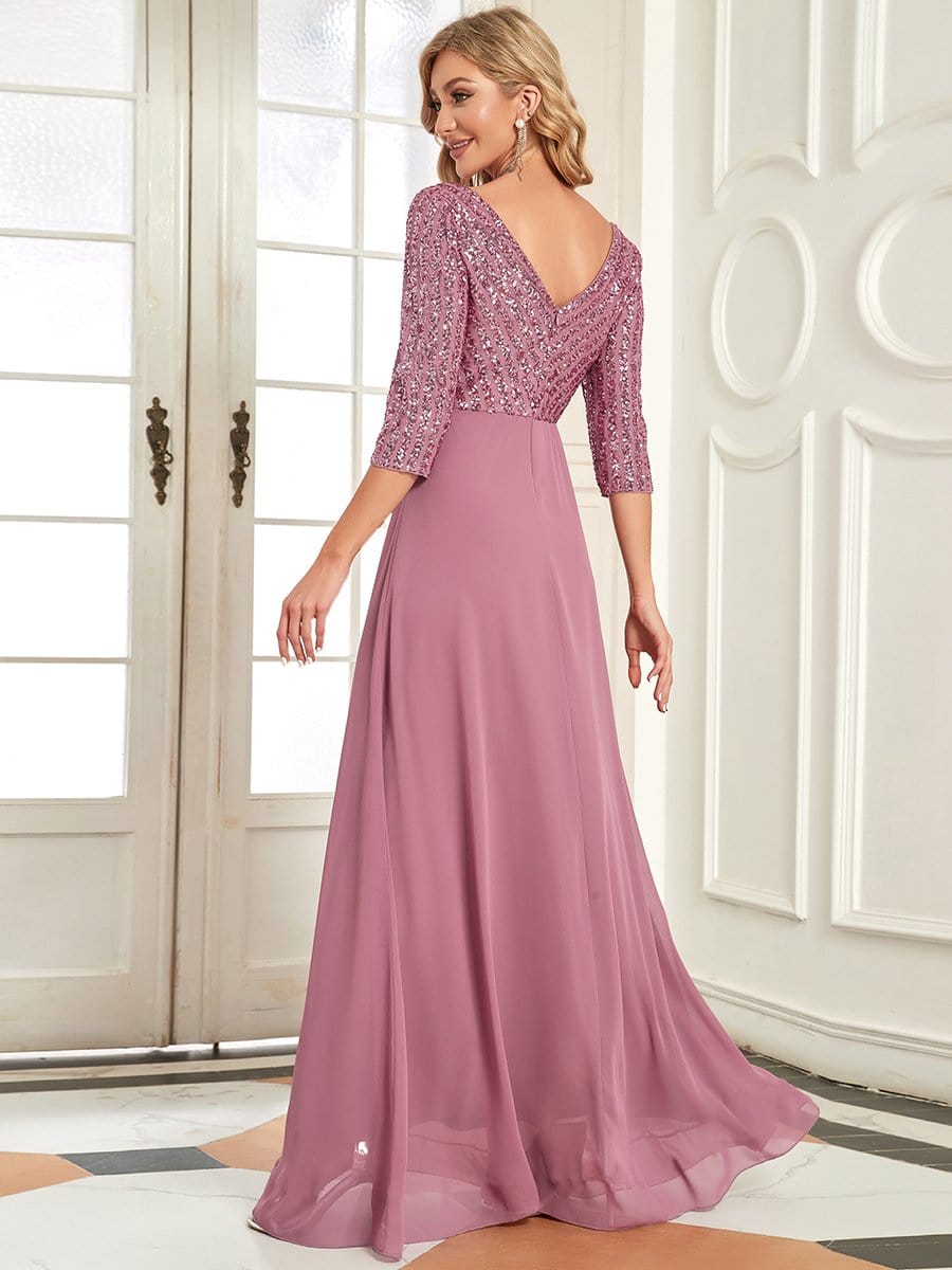 MsDresslyEP Formal Dress Sexy V Neck Sequin Evening Dresses with 3/4 Sleeve