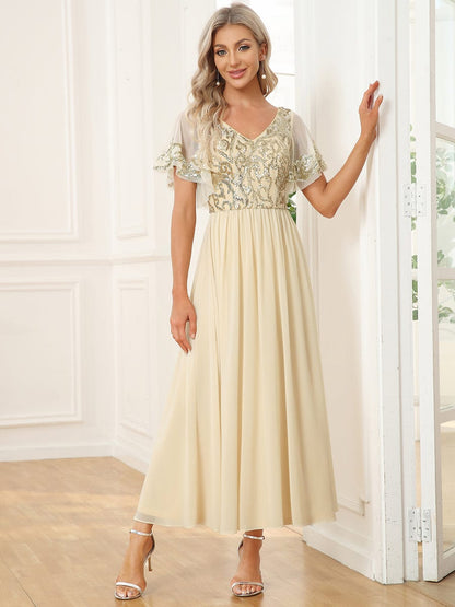 MsDresslyEP Formal Dress Short Sleeve V-Neck Sequin Chiffon A-Line Mother of the Bride Dress DRE2310040010GOL4