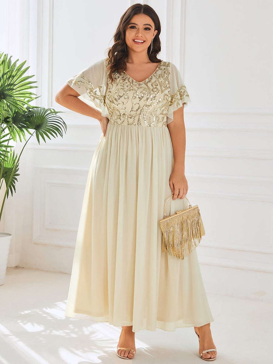 MsDresslyEP Formal Dress Short Sleeve V-Neck Sequin Chiffon A-Line Mother of the Bride Dress