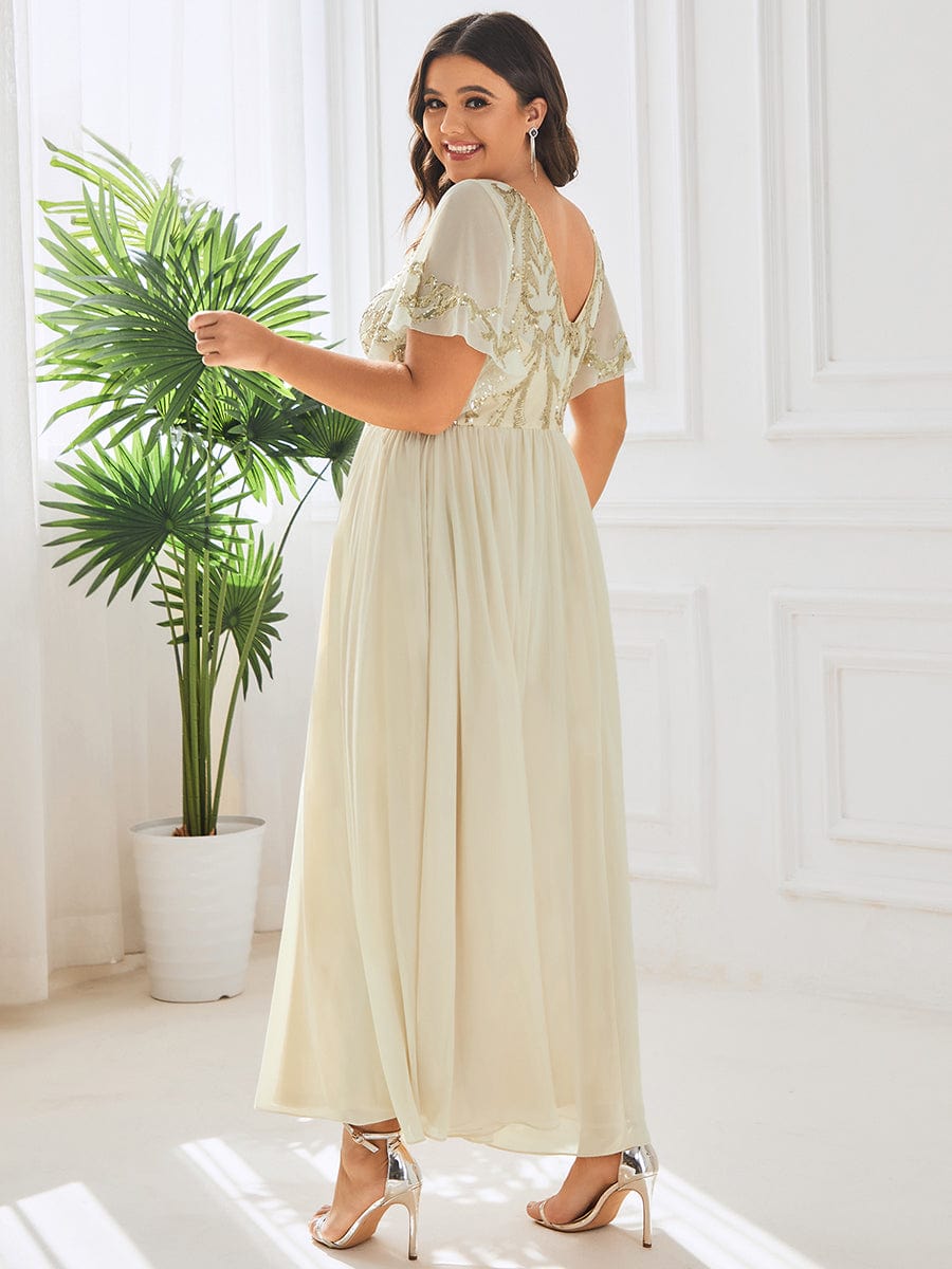MsDresslyEP Formal Dress Short Sleeve V-Neck Sequin Chiffon A-Line Mother of the Bride Dress
