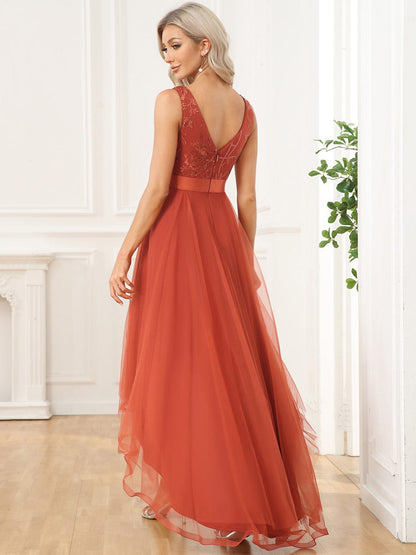MsDresslyEP Formal Dress Sleeveless V-back Tulle High-Low Sequin Appliques Evening Dresses